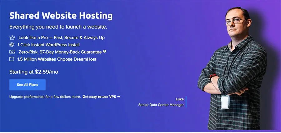 Funkcje planu Shared Hosting na stronie głównej DreamHost