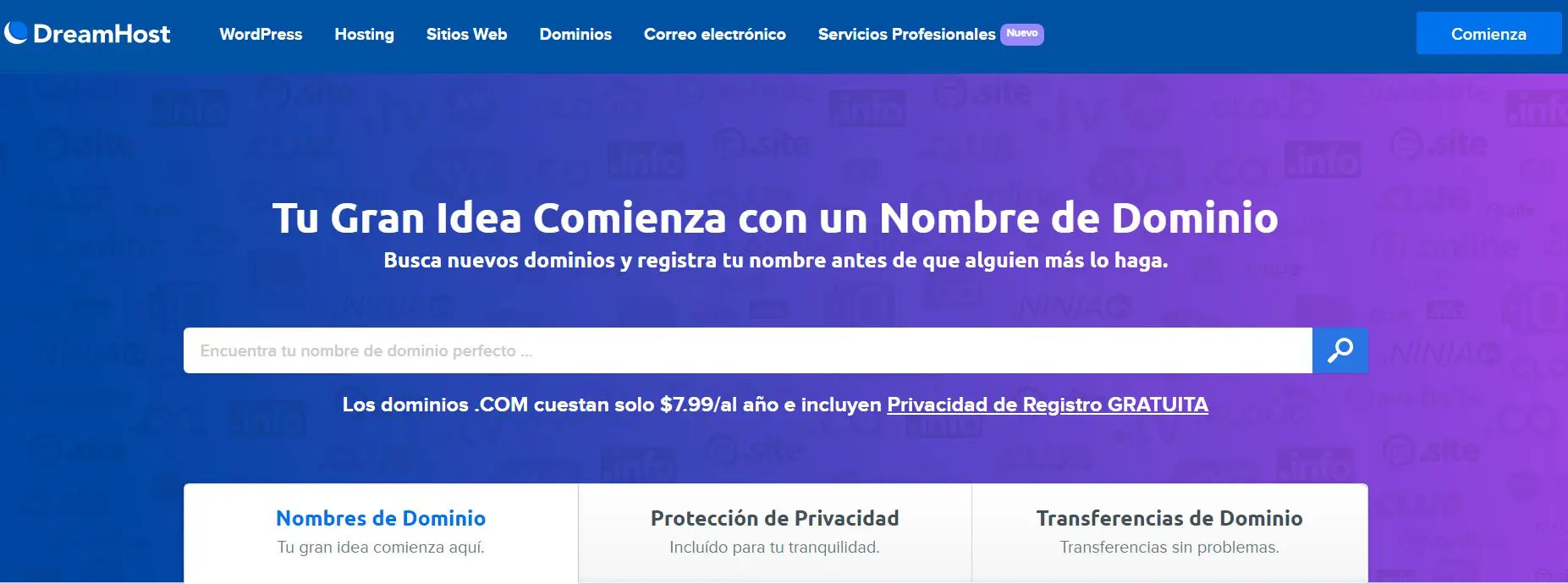 Página de registro de dominios de DreamHost.