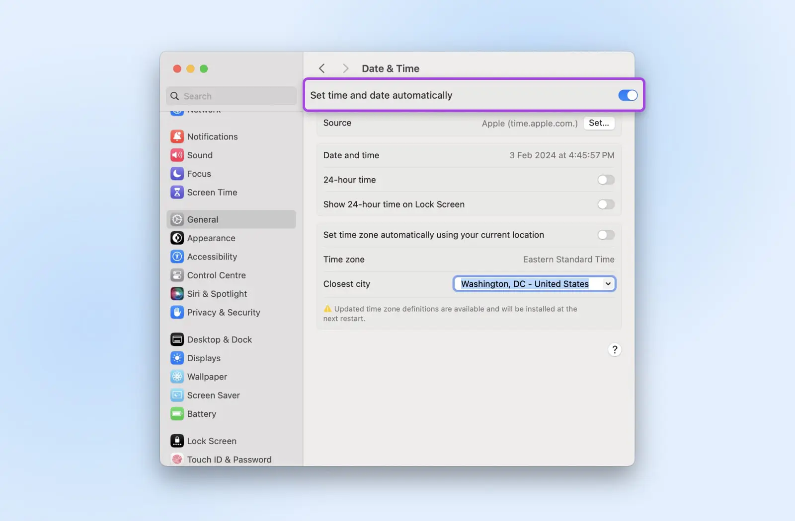 screenshot of the date & time setting menu on a mac showing the toggle option to auto set date and time 