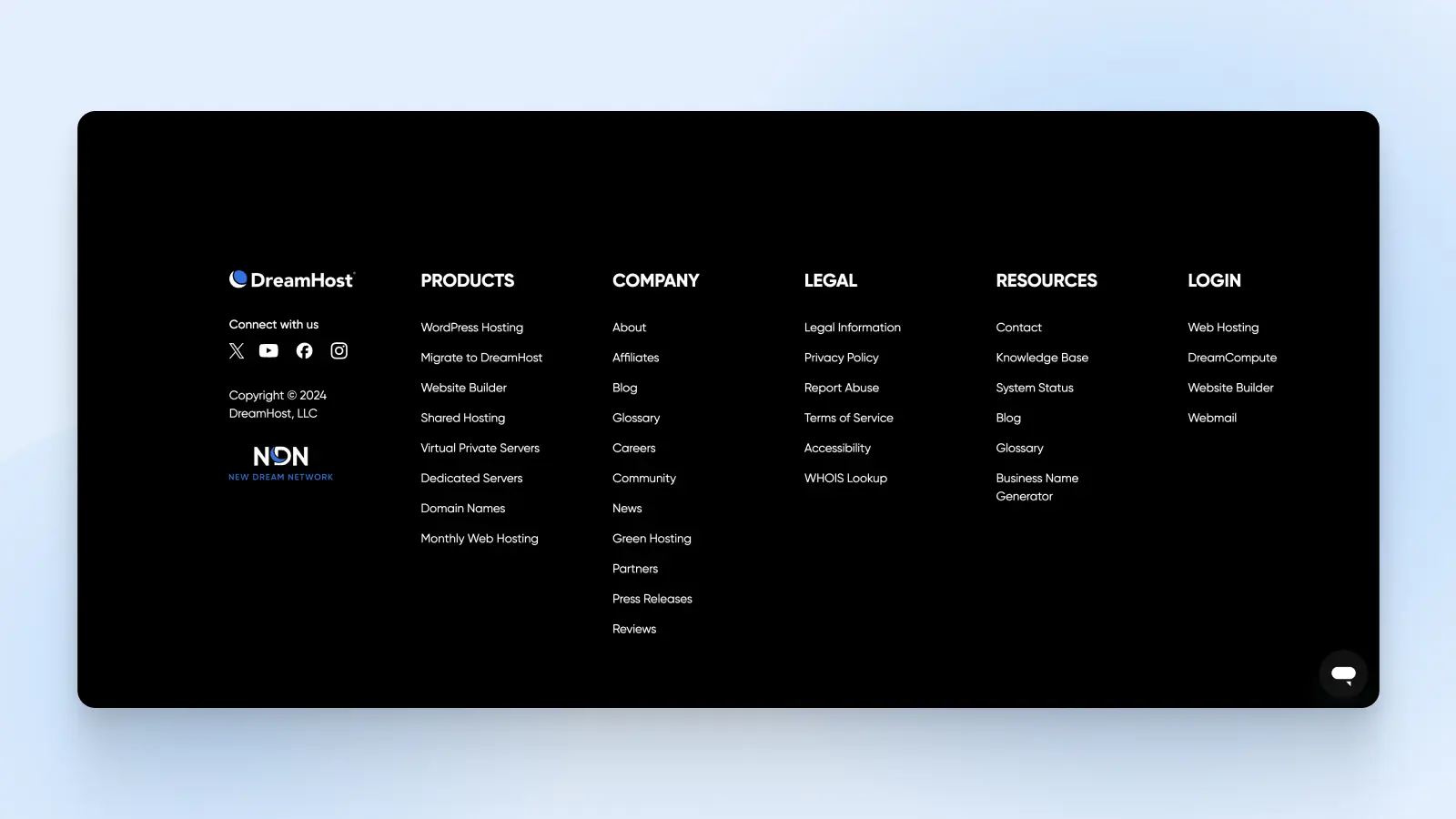 DreamHost footer nav with links cateogoried by: Products, company, legal, resources, and login