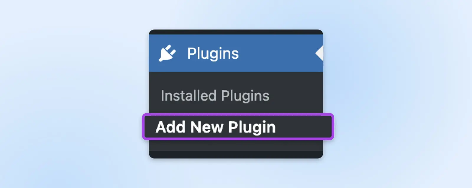 close up of the wordpress nav menu showing the selection for "add new plugin" 