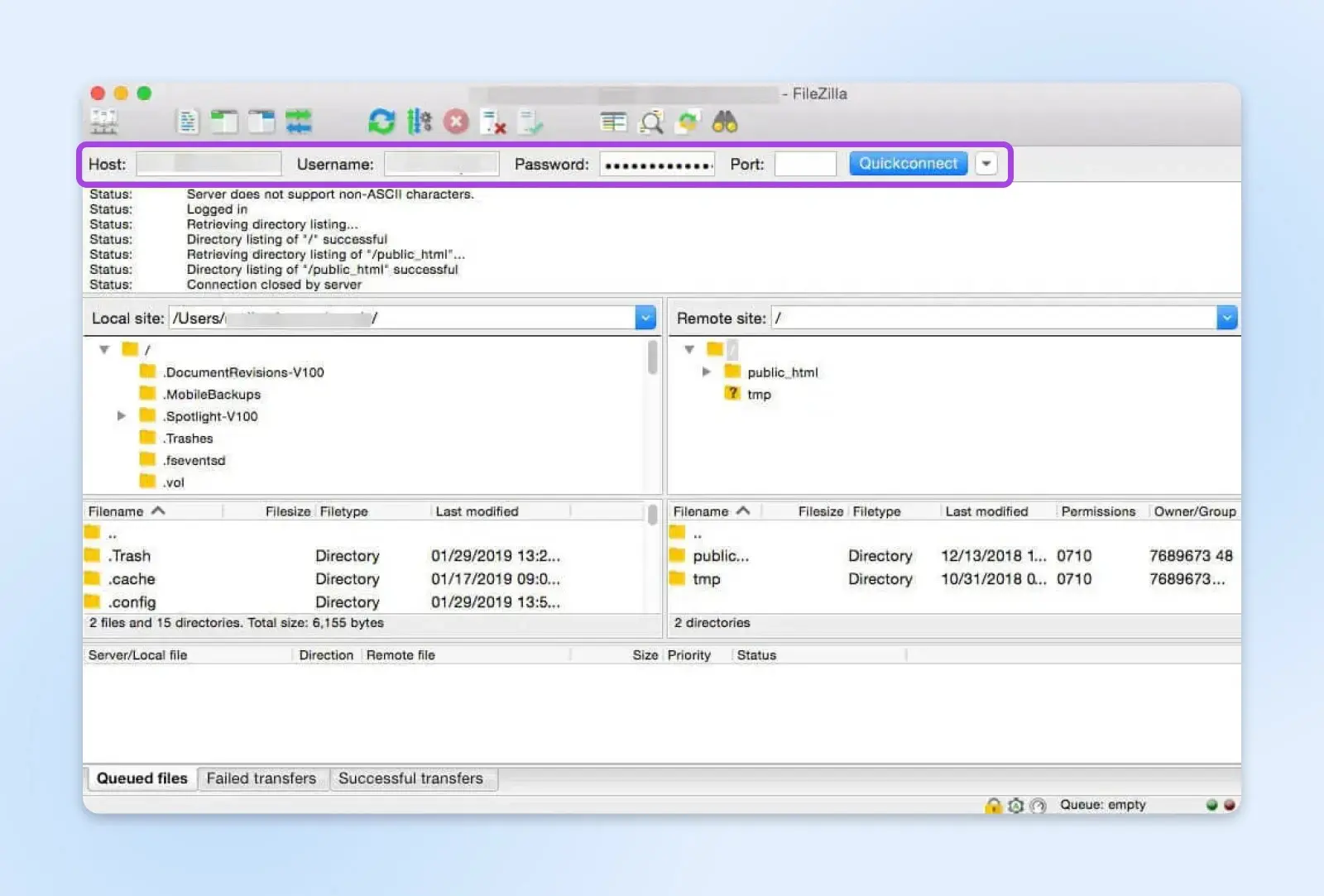 FileZilla screenshot with a box around the top pointing to the Host, Username, Password, and Port followed by a Quickconnect button. 