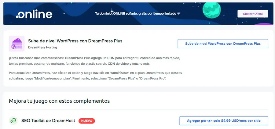 Banner de promocion deominios gratuitos .Online por tiempo limitado. Panel DreamHost