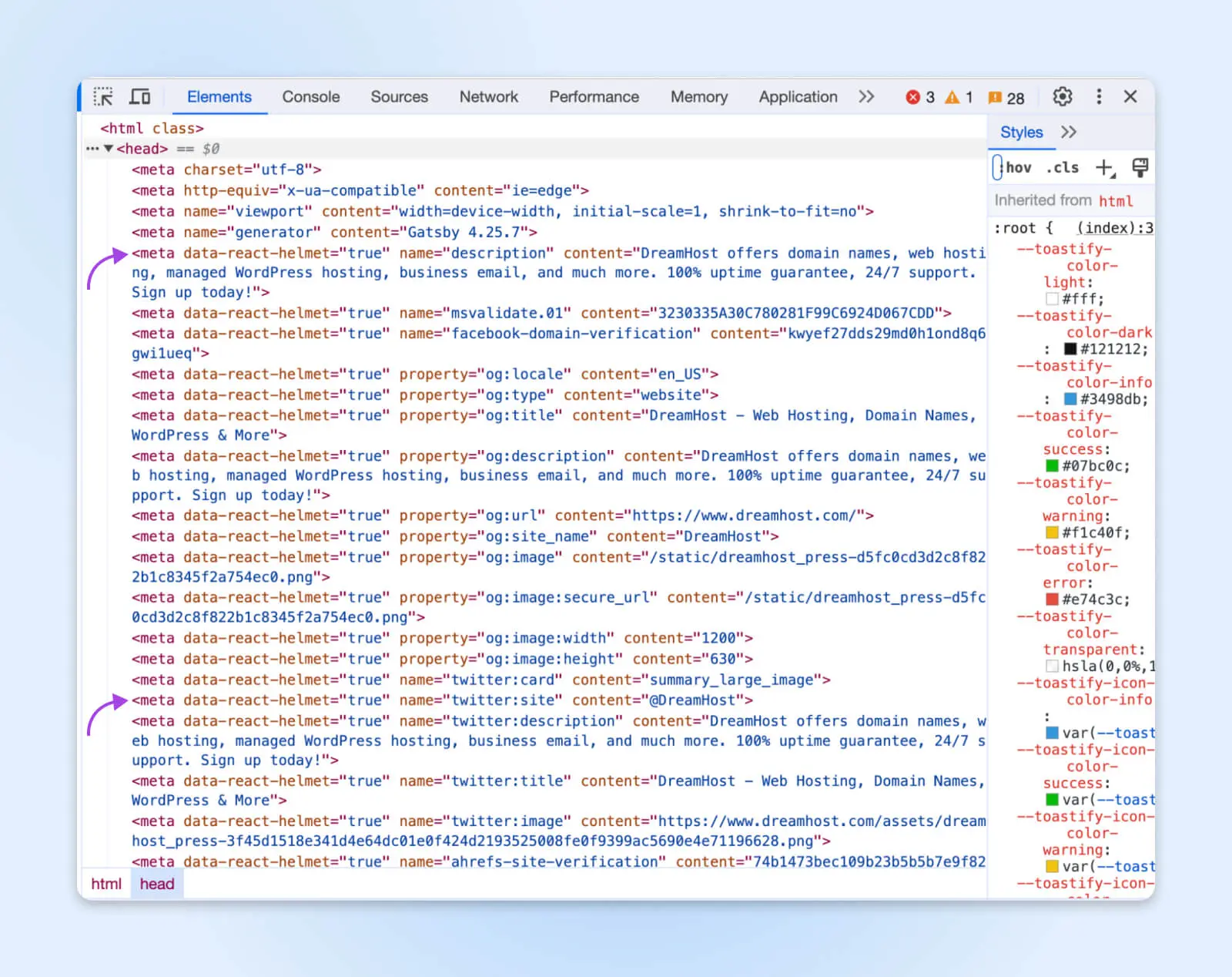 long inspect element field pointing out "meta data" fields, one for DreamHost and one for twitter with og:titles