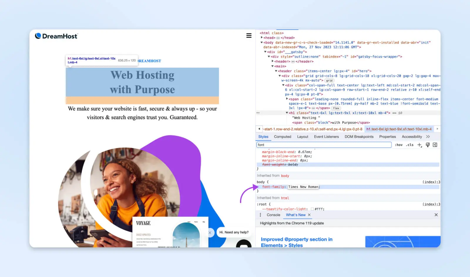 the same DreamHost webpage with the h1 highlighted and the inspect code showing "font-family" changed to times new roman reflected in the h1