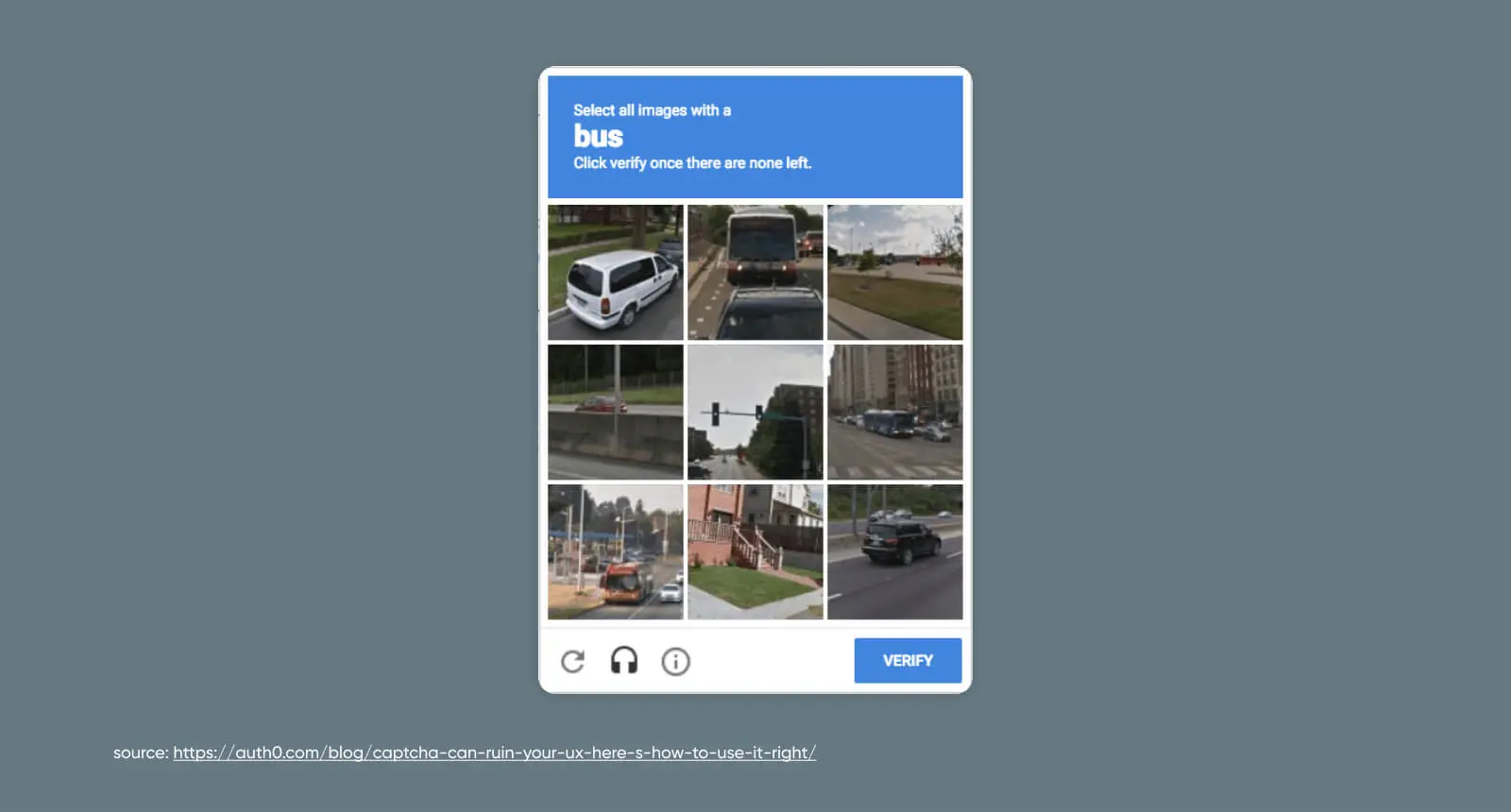 reCaptcha image example asking the user to select all images that show a bus