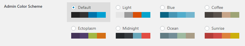 Las opciones de esquema de color del administrador de WordPress.