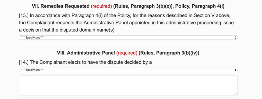 Sections on the requested remedies and number of panelists.