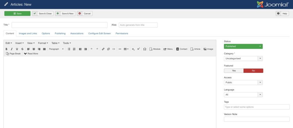 Creating a new article in Joomla!.