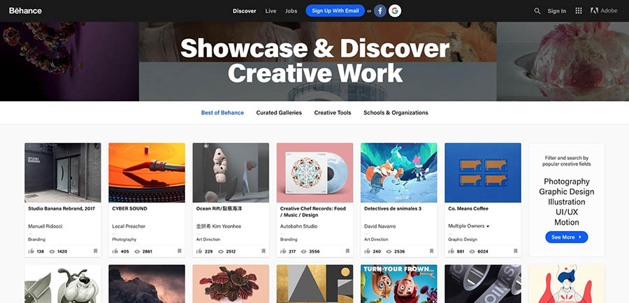 The Behance homepage.