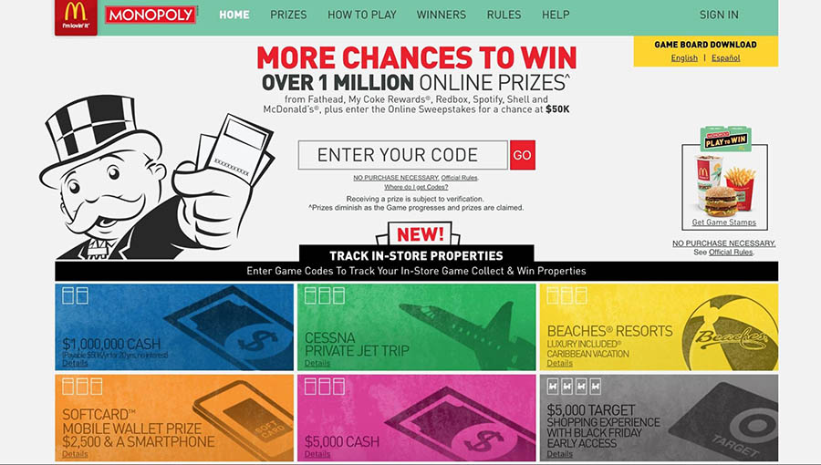 The McDonald's Monopoly game website.