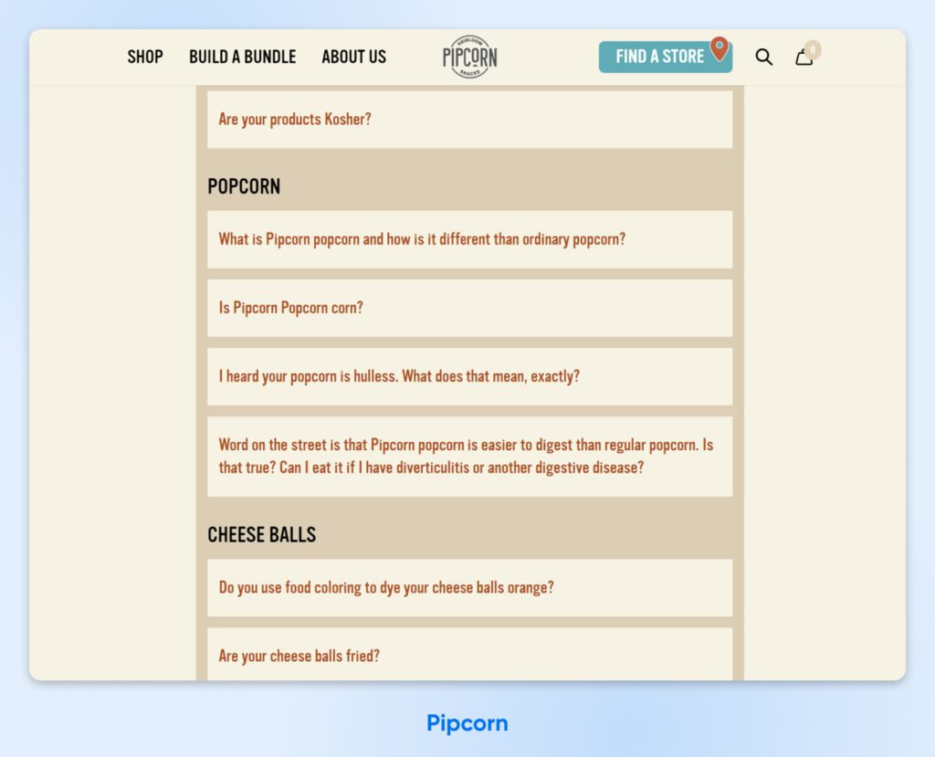 Captura de pantalla de la página de preguntas frecuentes de Pipcorn que muestra categorías y preguntas sobre "palomitas de maíz" y "bolas de queso"