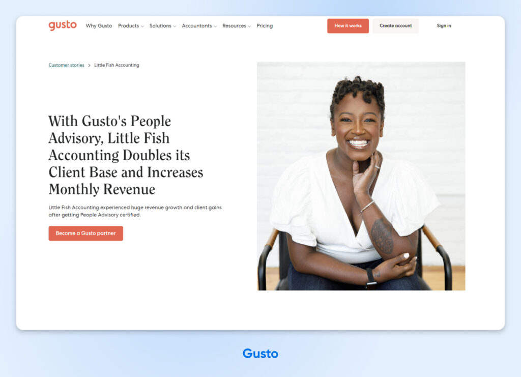 Captura de pantalla de la publicación del blog de Gusto titulada "Con People Advisory de Gusto, Little Fish Accounting duplica su base de clientes y aumenta sus ingresos mensuales".