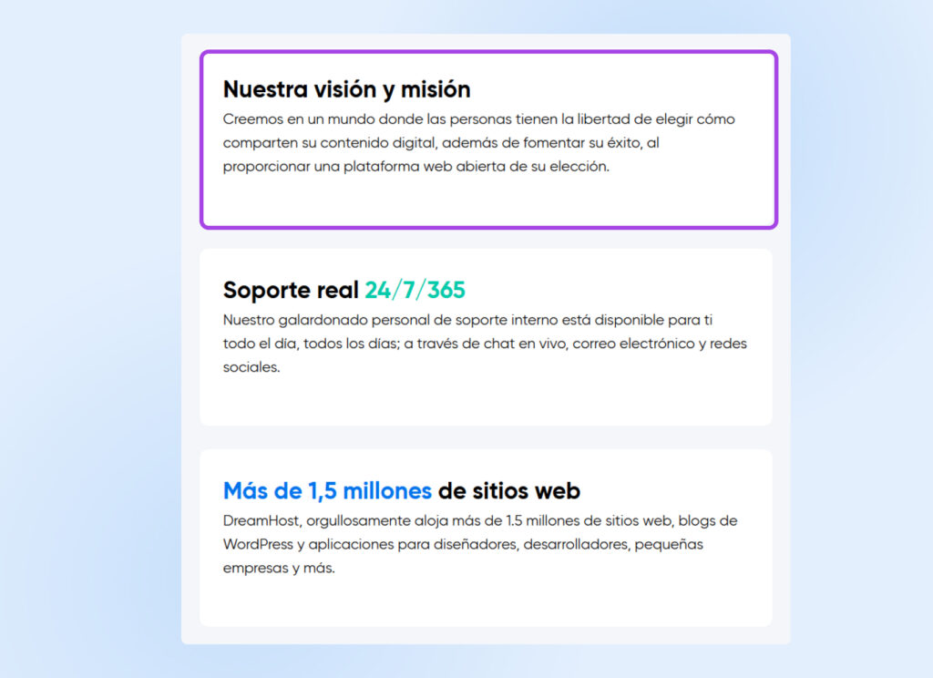 Primer plano de una sección de la página "Sobre nosotros" de DreamHost con un cuadro etiquetado como "Nuestra visión y misión". "Creemos en un mundo donde las personas tengan la libertad de elegir cómo se comparte su contenido digital..."