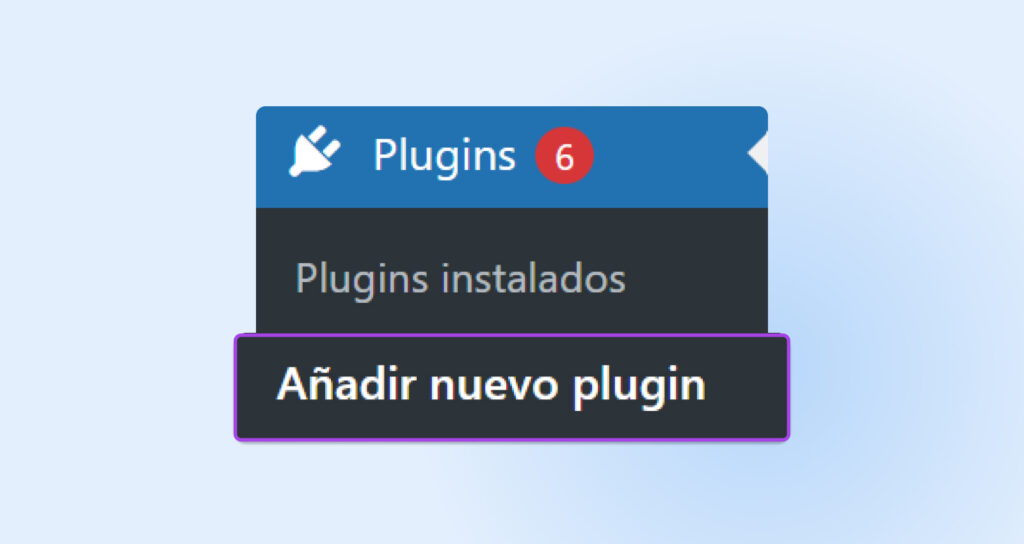 Captura de pantalla ampliada del menú de navegación de WP destacando el enlace "Añadir nuevo plugin" debajo de "Plugins".