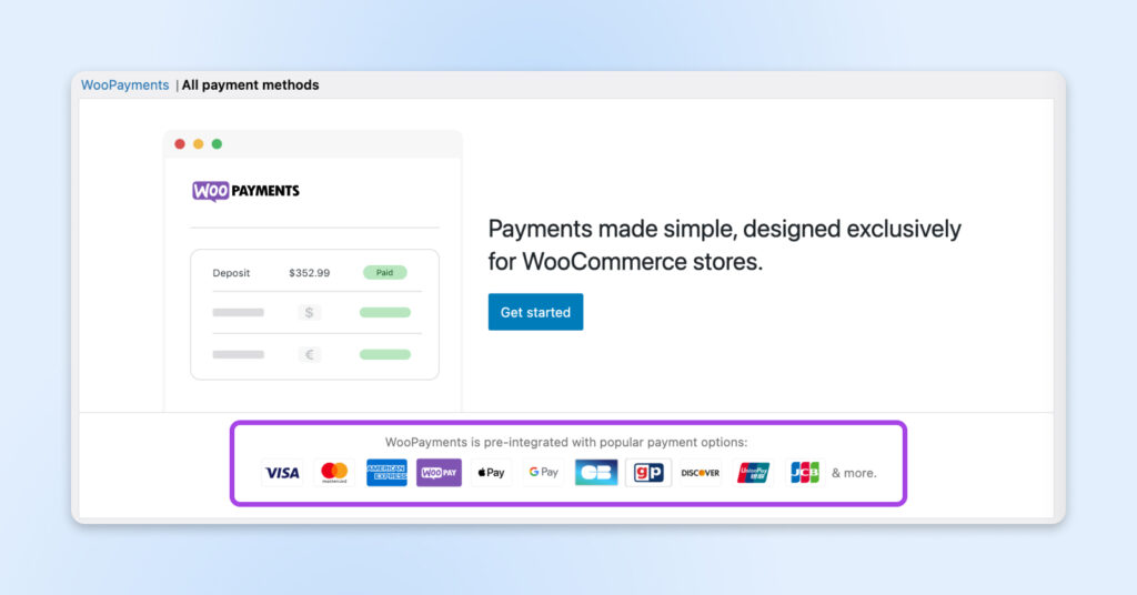 WooPayments simplificado, destacando las opciones de pago en la parte inferior como VISA, Amex, ApplePay, Discover y más.