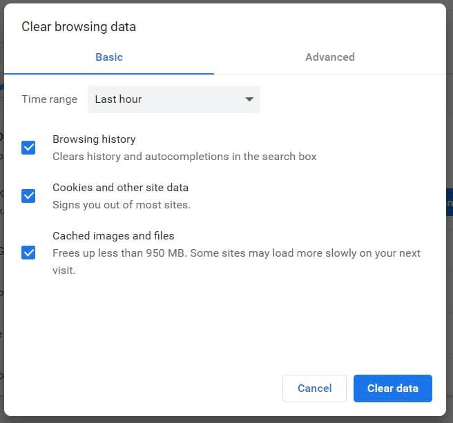 Clearing data in Google Chrome.