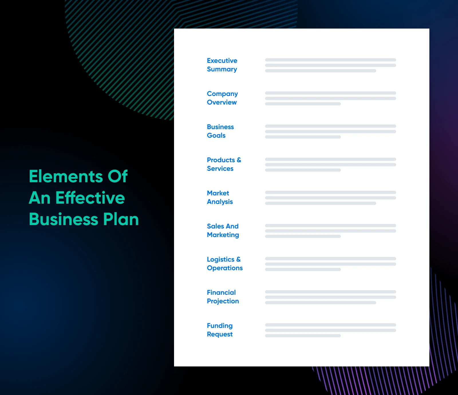 mock up business plans showing section labels like executive summary, company overview, business goals, and 6 more. 