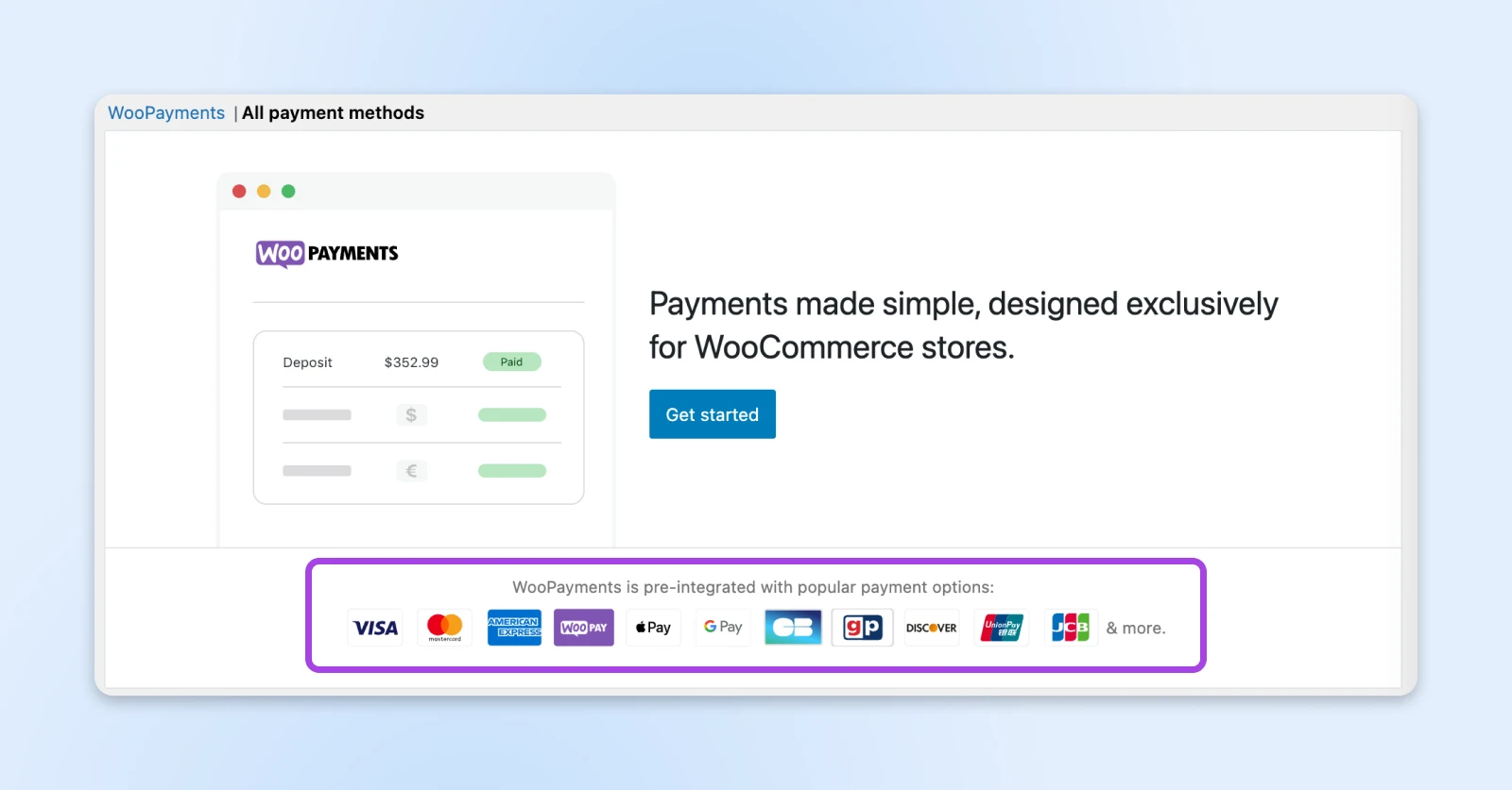 WooPayments made simple calling attention to the payment options across the bottom like VISA, Amex, ApplePay, Dicover, and more. 