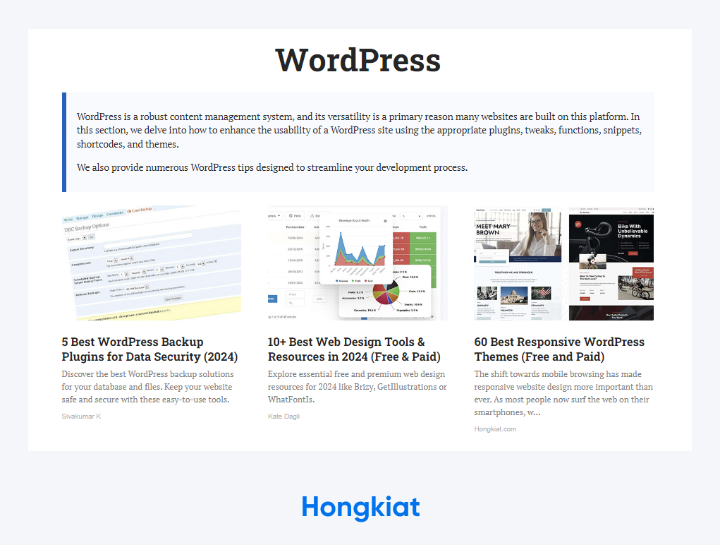 Captura de pantalla de la página de inicio de Hongkiat que muestra tres publicaciones de blog diferentes, incluidos los 5 mejores complementos de respaldo de WordPress para la seguridad de los datos (2024).