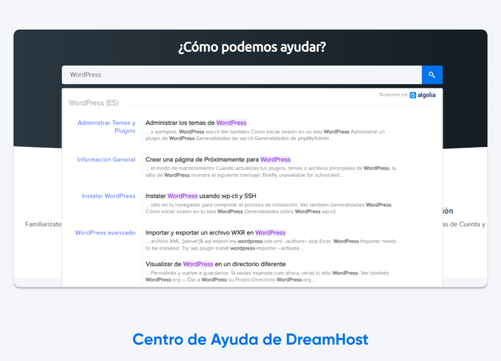 Captura de pantalla del Centro de ayuda de DreamHost con "WordPress" escrito en la barra de búsqueda y algunos de los resultados principales como "Administración de temas de WordPress".