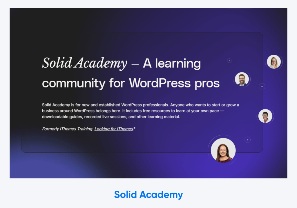 Captura de pantalla del sitio web de Solid Academy con el encabezado "Solid Academy: una comunidad de aprendizaje para profesionales de WordPress".