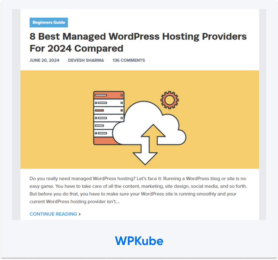 Captura de pantalla de la publicación del blog de WPKube titulada "Comparación de los 8 mejores proveedores de alojamiento de WordPress administrado para 2024".