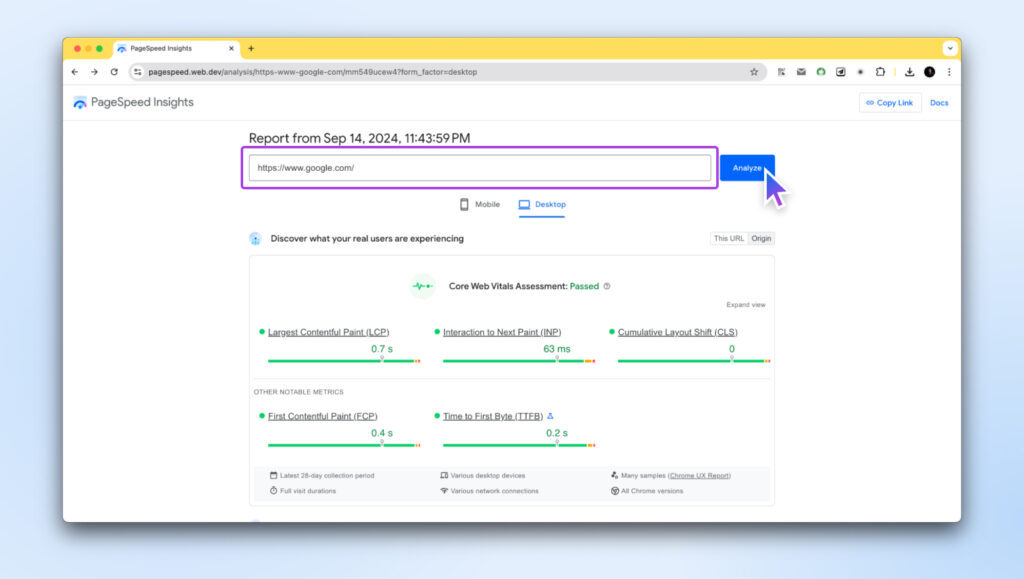 Captura de pantalla del informe de PageSpeed ​​Insights para https://www.google.com con una puntuación de "aprobado" para el acceso a Core Web Vitals