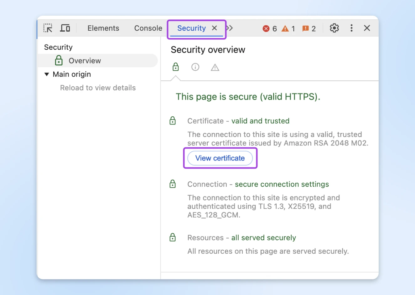 Browser security panel showing HTTPS certificate details and secure connection status