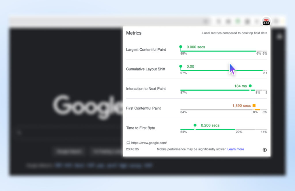 Captura de pantalla de la extensión Metrics en uso que muestra los tiempos de respuesta para LCP, CLS, INP, FCP y el tiempo hasta el primer byte