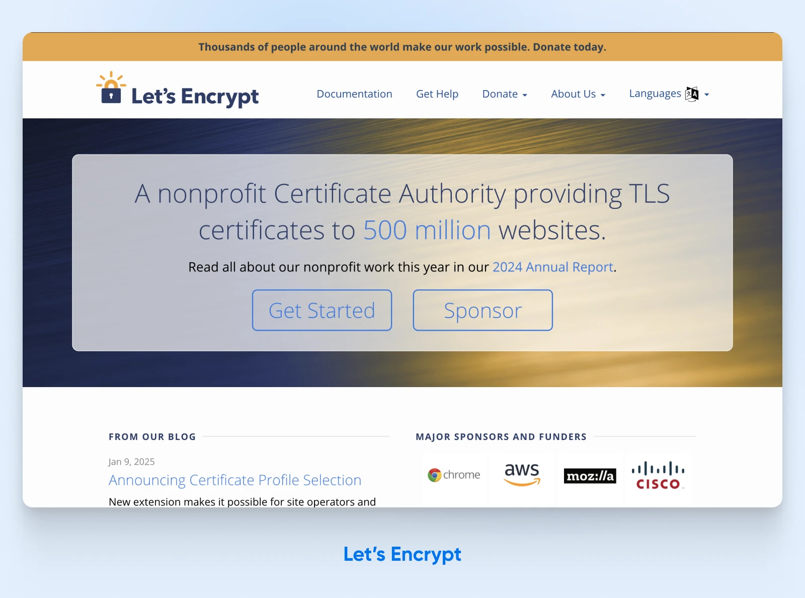 Let's Encrypt homepage showing their mission to provide free TLS certificates to 500 million websites