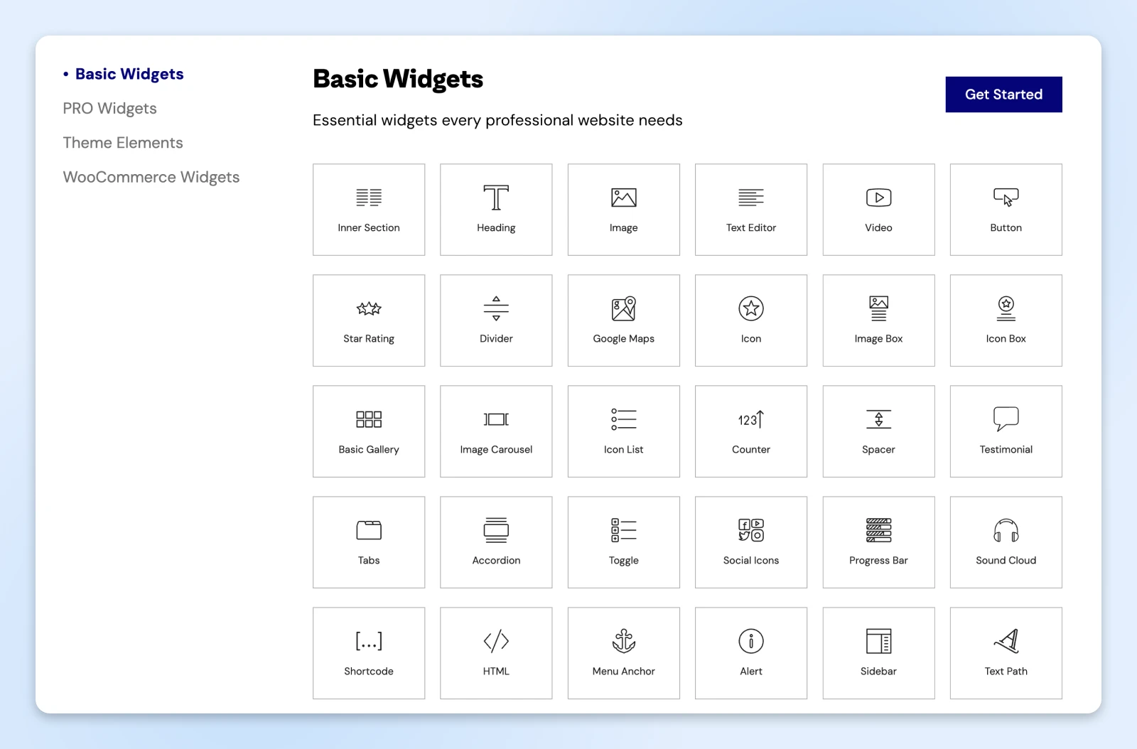 Grid of 24 basic website widgets including buttons, image tools, social icons, and text elements, with icons and labels for each