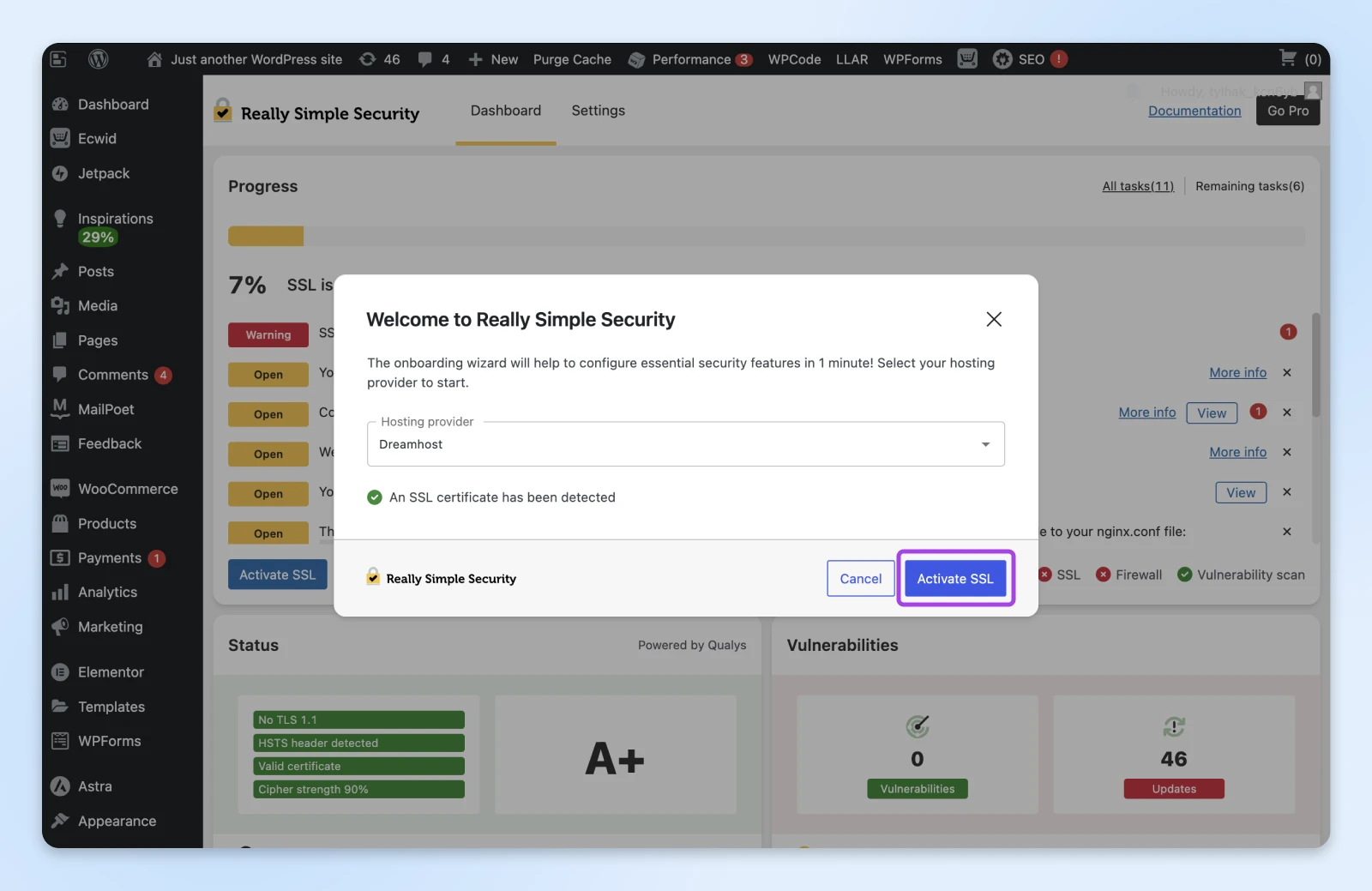 WordPress security plugin dashboard showing SSL certificate activation status and security score rating