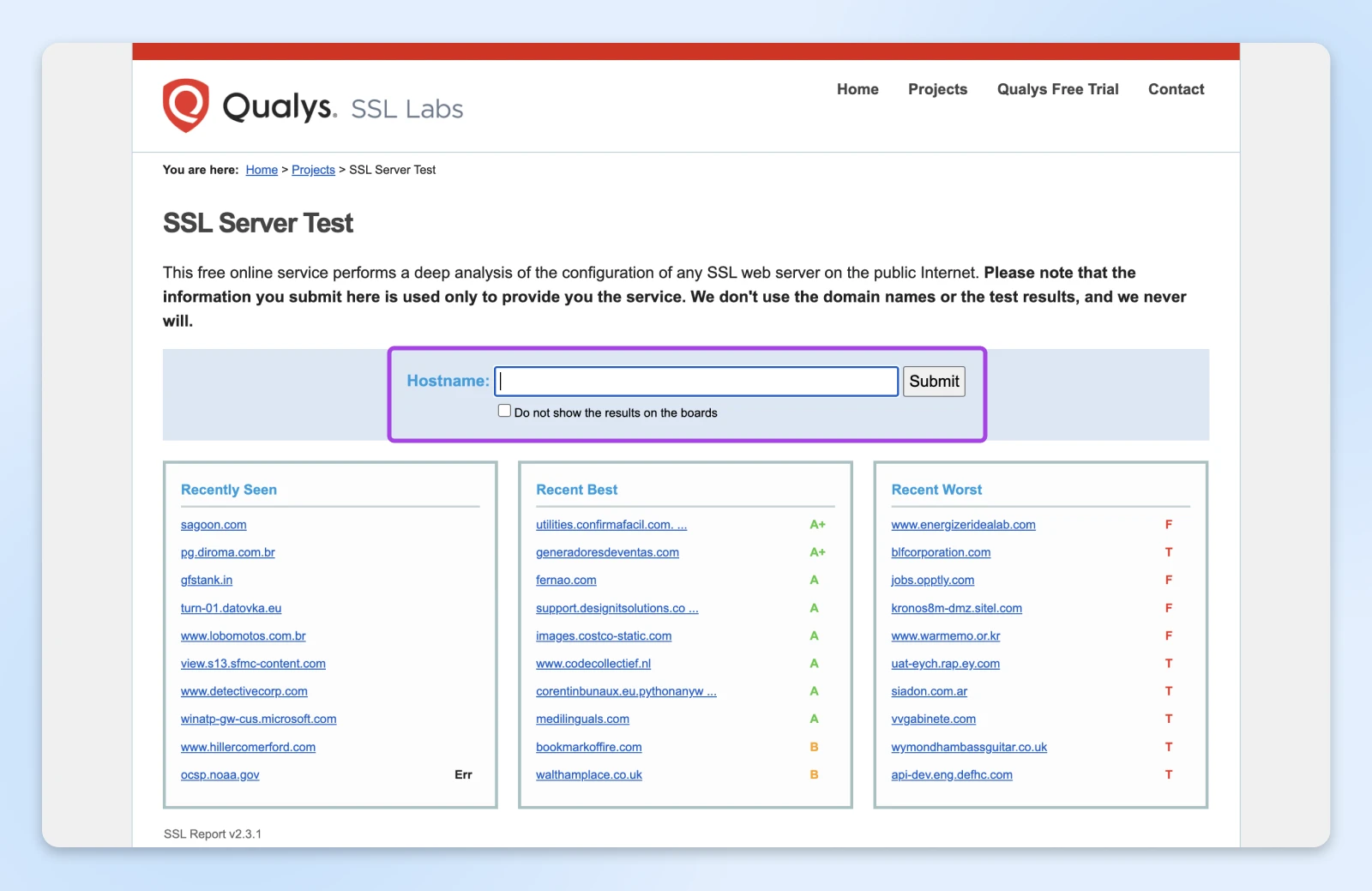 Qualys SSL Labs testing tool interface showing security scan results for various websites