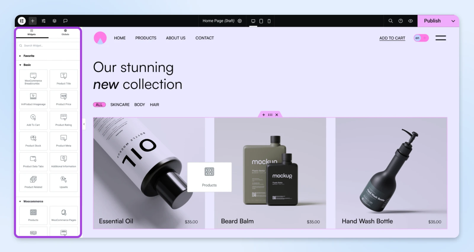 E-commerce website editor showing product widgets menu in purple and beauty product mockups with $35 pricing