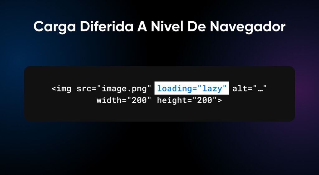 Ejemplo de un código de imagen con "loading="lazy'" después del nombre de la imagen dentro del código