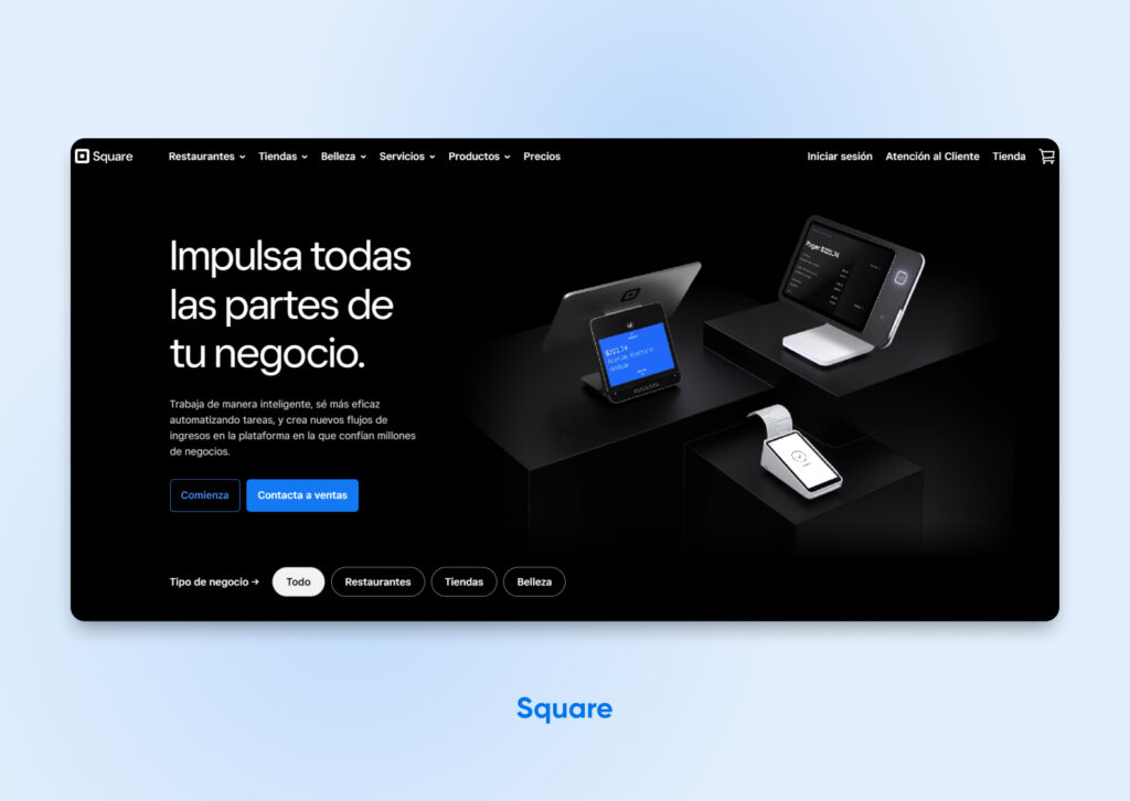 Square, pasarela de pago para PYMES captura de pantalla de la página de inicio, fondo negro, con diferentes dispositivos mostrando transacciones de compra