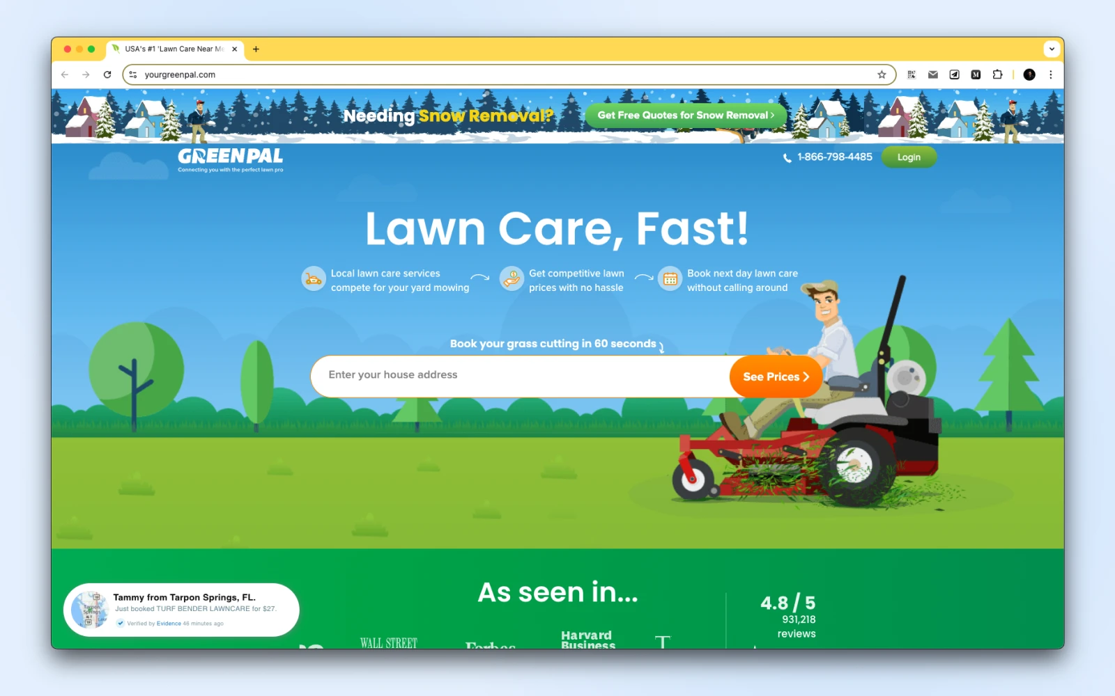 Greenpal homepage with header "Lawn Care, Fast" with an illustration of a man on a riding lawnmower