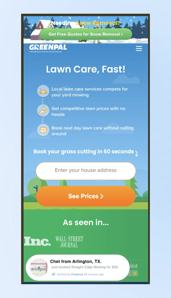 Greenpal's homepage in mobile without as much illustration and more copy immediately leading to a place to enter a house address and get a quote. 