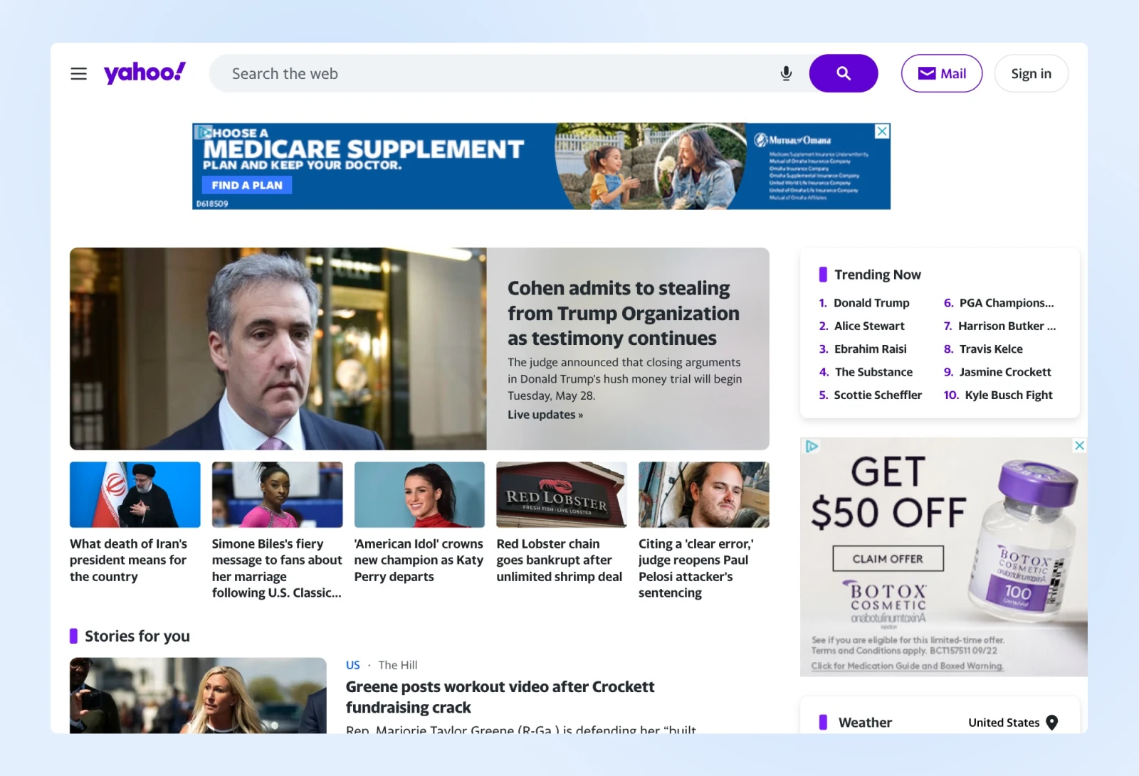 Yahoo! homepage, search bar at the top, banner, then larger header story and thumbnail articles underneath, with an ad on the right side