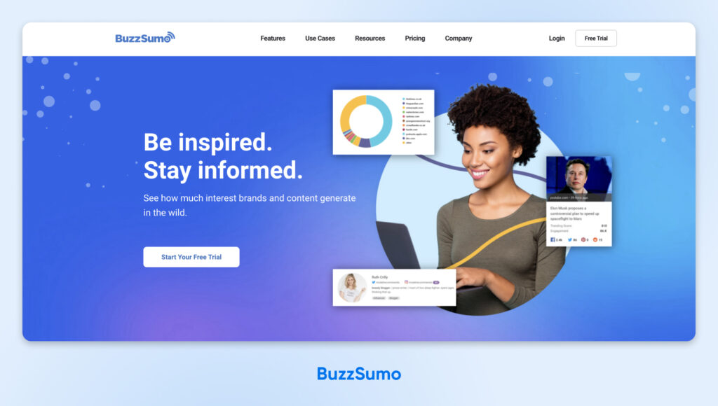 Página de inicio de Buzzsumo con el encabezado "Inspírate. Mantente informado."