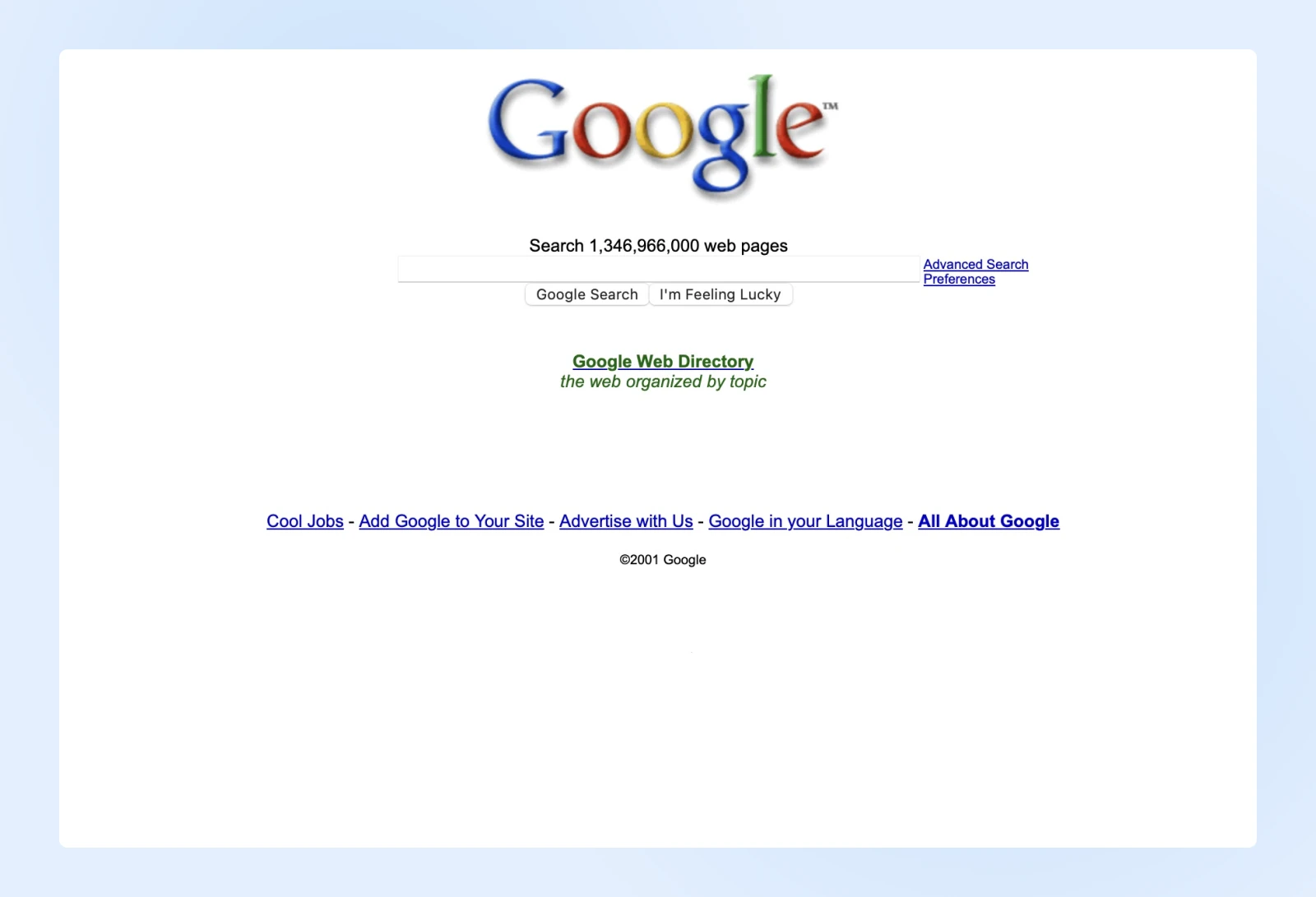 Retro Google homepage with older design, basic search bar, and links to things like "cool jobs" and "Add Google to Your Site" at the bottom