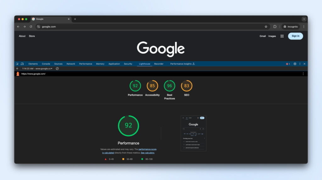 Cuatro medidores circulares (hasta 100) que muestran las mediciones para cada categoría. Rendimiento en 91, Accesibilidad en 85, Mejores prácticas en 96, SEO en 83.