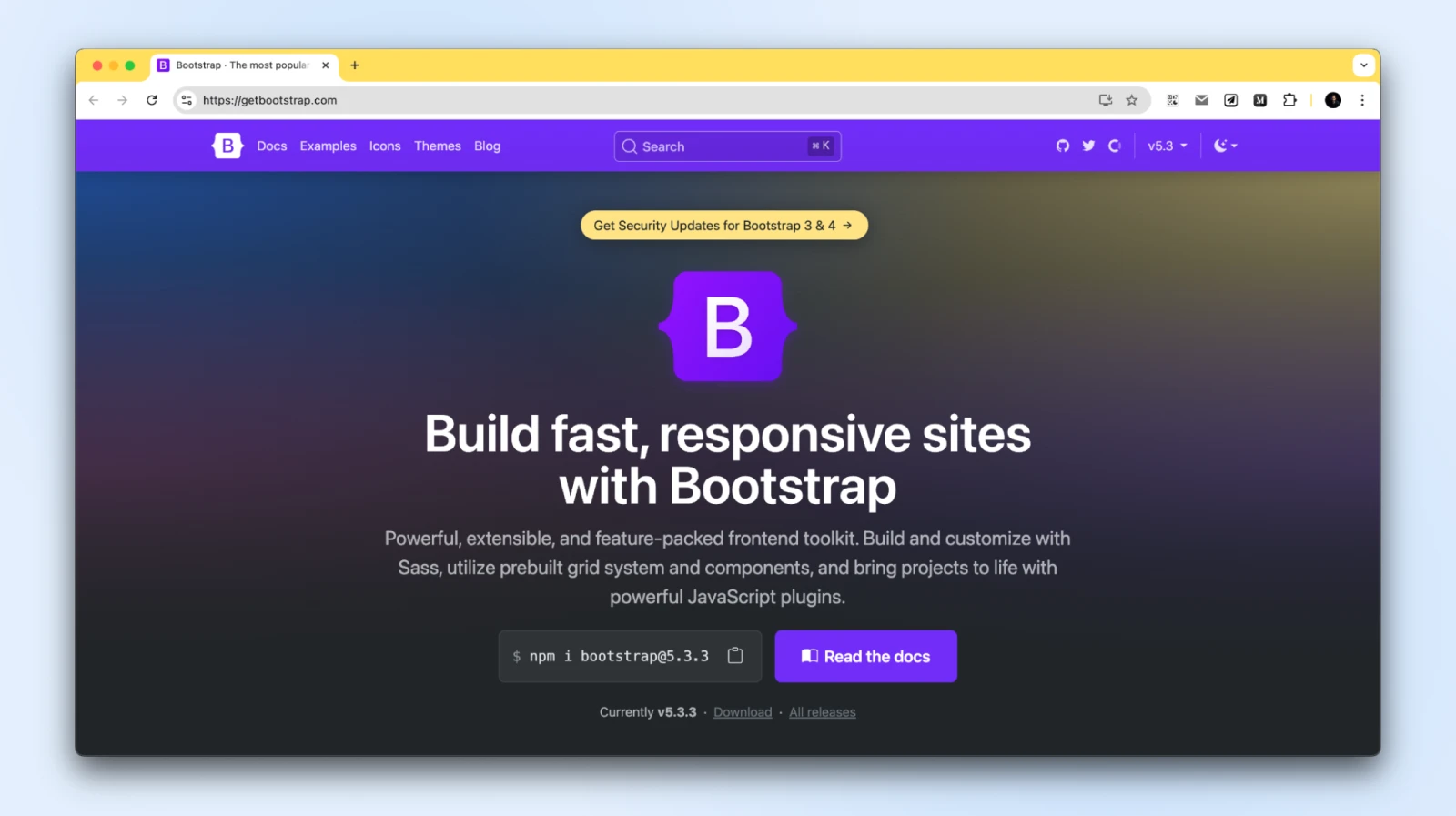 Bootstrap homepage with a B at the top and header "Build fast, responsive sites with Bootstrap" 