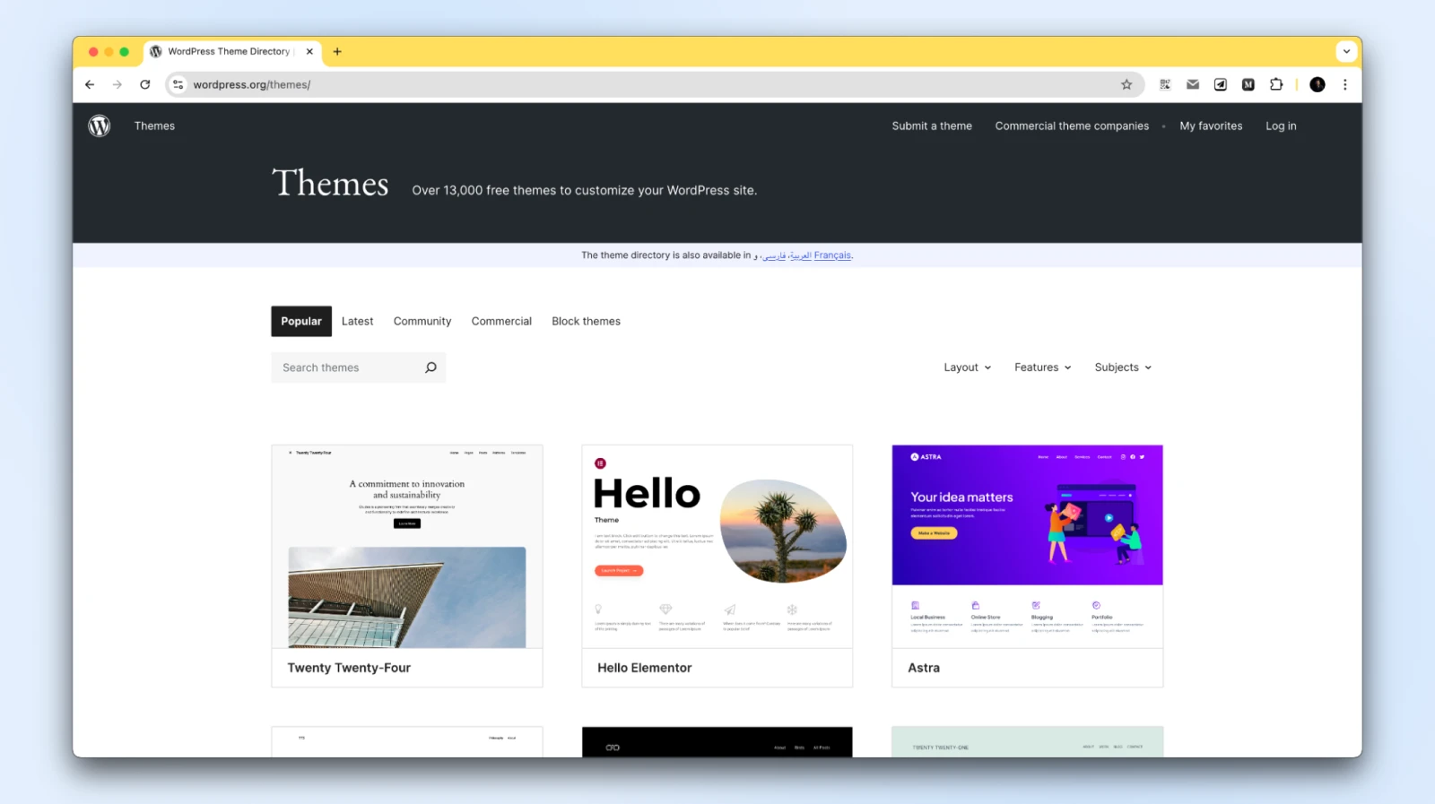 Themes home page displaying the top three most popular themes: Twenty Twenty-Four, Hello Elementor, Astra