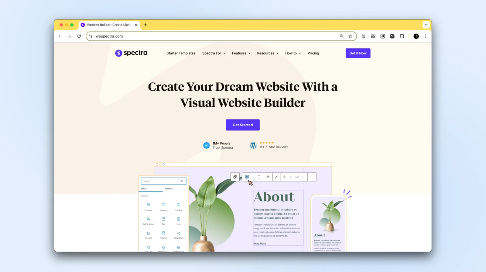 Spectra homepage with header "Create Your Dream Website With a Visual Website Builder" 