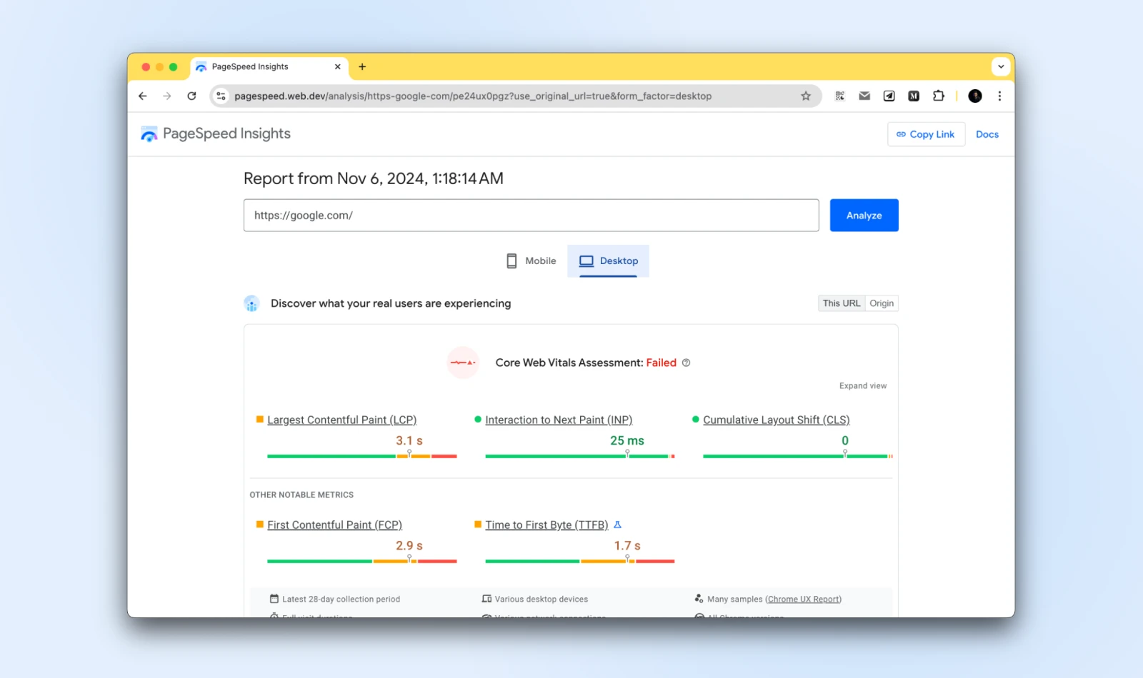 PageSpeed Insights report from Nov 6, 2024 at 1:18:14 AM with "https://google.com/" in the search bar and results displayed for Desktop. Core Web Vitals assessment: failed