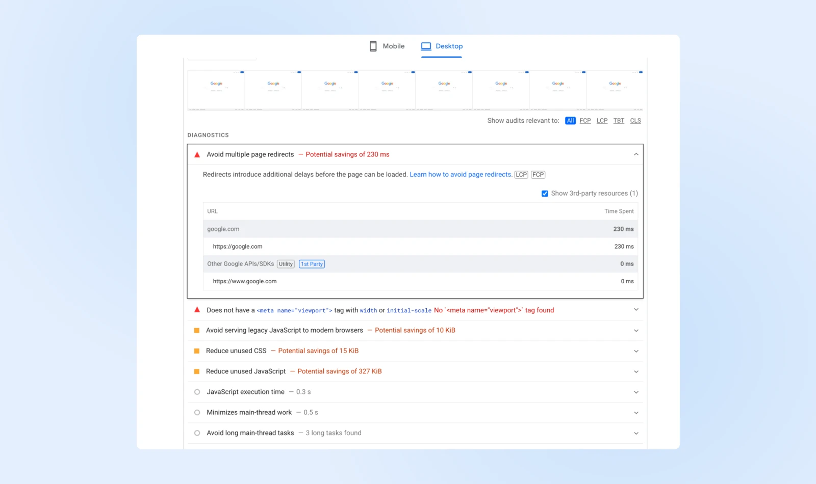 Attention to the "diagnostics" with a warning icon and title "Avoid multiple page - redirects" and in red "Potential savings of 230 ms" 