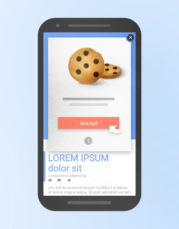 popup at the top of the mobile display with a chocolate chip cookie, a line, two lines of text and a button to "Accept"