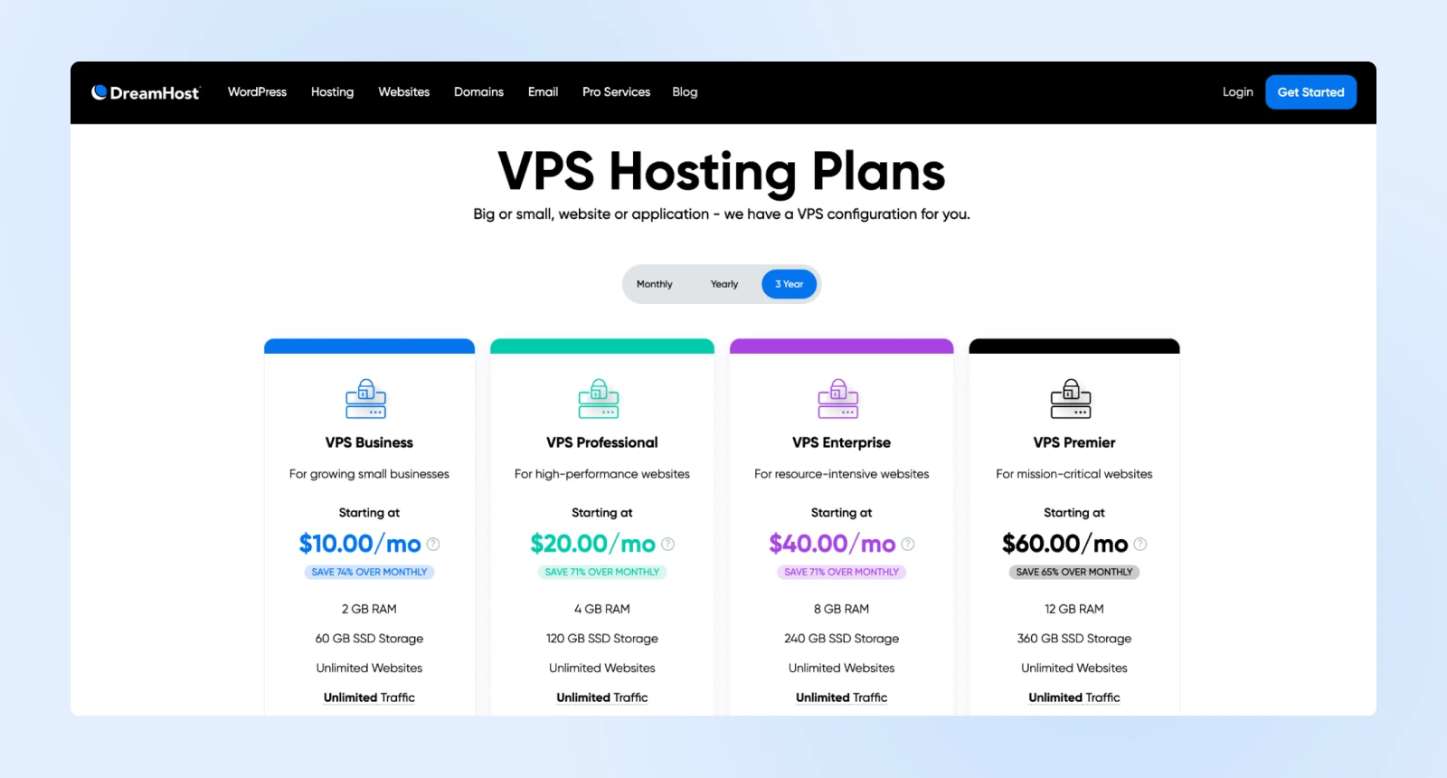 DreamHost VPS Hosting Plans header showing four different plan option and the "3 Year" Pricing tab selected